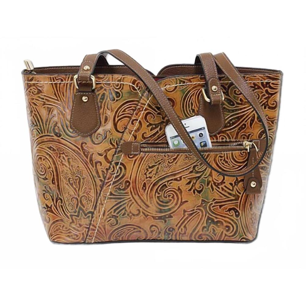 NEW MC HANDBAGS zelle paisley embossed leather tote bag in cognac